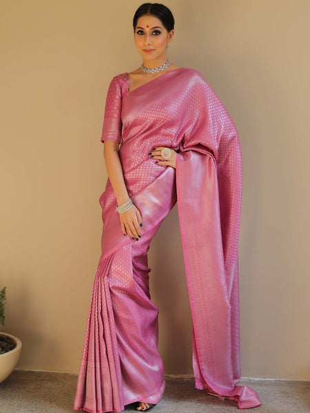 NOZ2TOZ Jacquard Lichi Silk Pink Saree With Unstitched Blouse Piece - Distacart