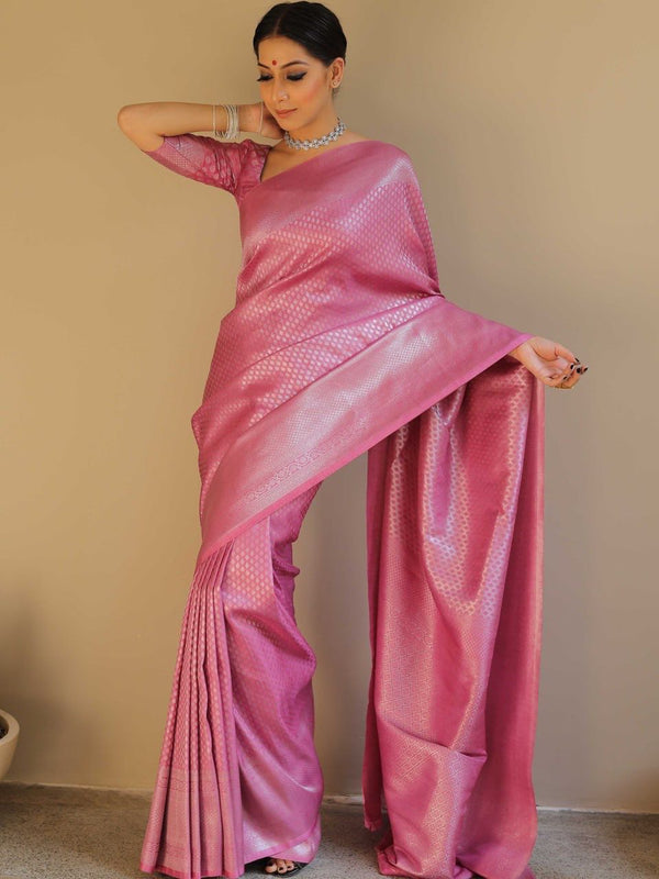 NOZ2TOZ Jacquard Lichi Silk Pink Saree With Unstitched Blouse Piece - Distacart