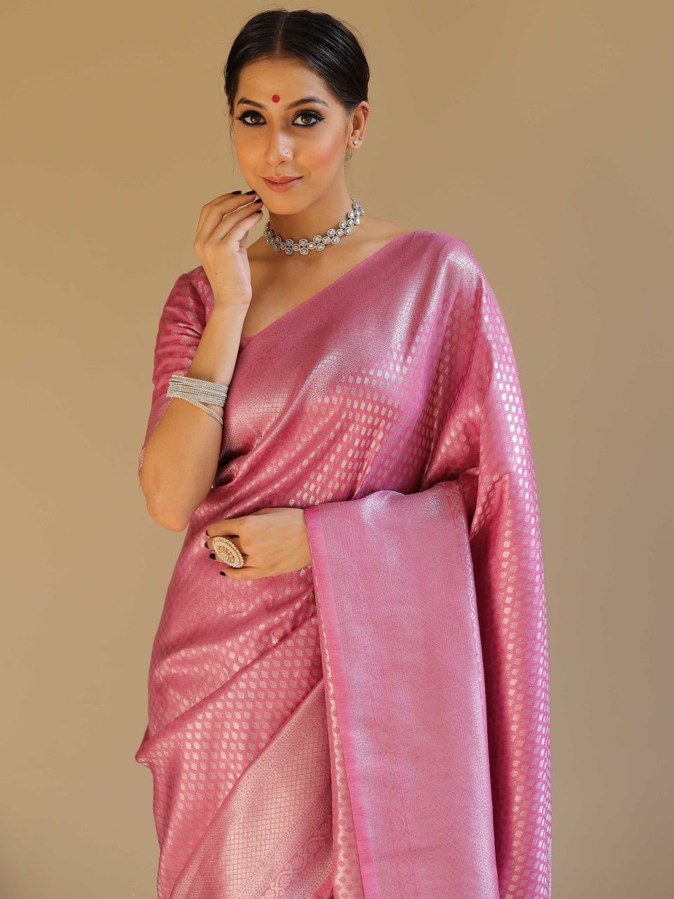 NOZ2TOZ Jacquard Lichi Silk Pink Saree With Unstitched Blouse Piece - Distacart