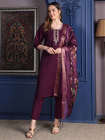 Thumbnail for Hand Embroidered Kurta With Pant & Printed Dupatta, Purple - Hiral Fashion - Distacart