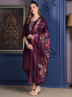 Thumbnail for Hand Embroidered Kurta With Pant & Printed Dupatta, Purple - Hiral Fashion - Distacart