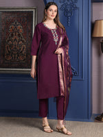 Thumbnail for Hand Embroidered Kurta With Pant & Printed Dupatta, Purple - Hiral Fashion - Distacart