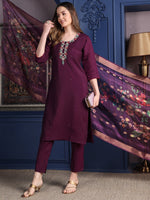 Thumbnail for Hand Embroidered Kurta With Pant & Printed Dupatta, Purple - Hiral Fashion - Distacart