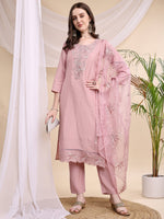 Thumbnail for Embroidered Kurta With Pant & Printed Organza Dupatta, Pink - Hiral Fashion - Distacart