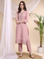 Thumbnail for Embroidered Kurta With Pant & Printed Organza Dupatta, Pink - Hiral Fashion - Distacart