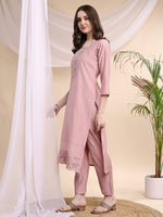 Thumbnail for Embroidered Kurta With Pant & Printed Organza Dupatta, Pink - Hiral Fashion - Distacart