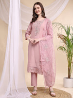 Thumbnail for Embroidered Kurta With Pant & Printed Organza Dupatta, Pink - Hiral Fashion - Distacart