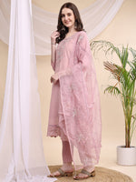 Thumbnail for Embroidered Kurta With Pant & Printed Organza Dupatta, Pink - Hiral Fashion - Distacart