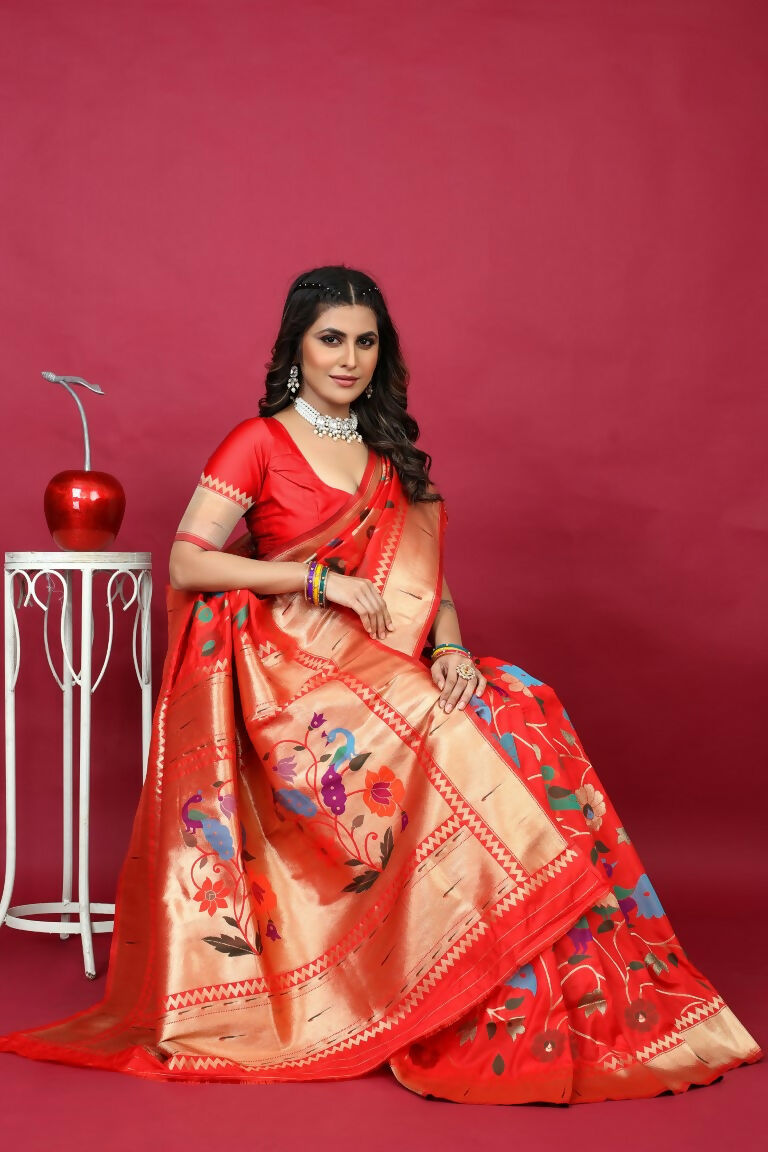 Jyoti Fashion Women's Red Paithani Silk Zari Woven Saree with Blouse - Distacart