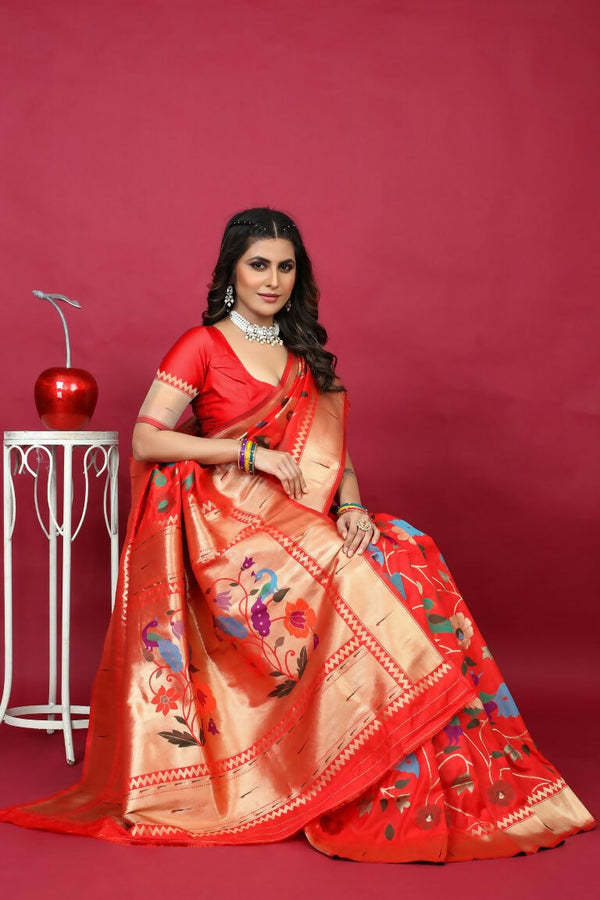 Jyoti Fashion Women's Red Paithani Silk Zari Woven Saree with Blouse - Distacart