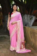Thumbnail for Joban Fashion Baby Pink Crepe Chiffon Pure Handloom Banarasi Silk Saree