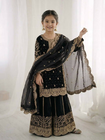 Teeya Creation New Trendy Fully Stitched Ready to Wear Kids Kurta Palazzo Set-Black - Dista