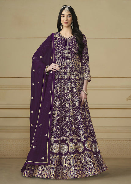 Wine Purple Embroidered Trendy Style Anarkali Suit - Emponline - Distacart