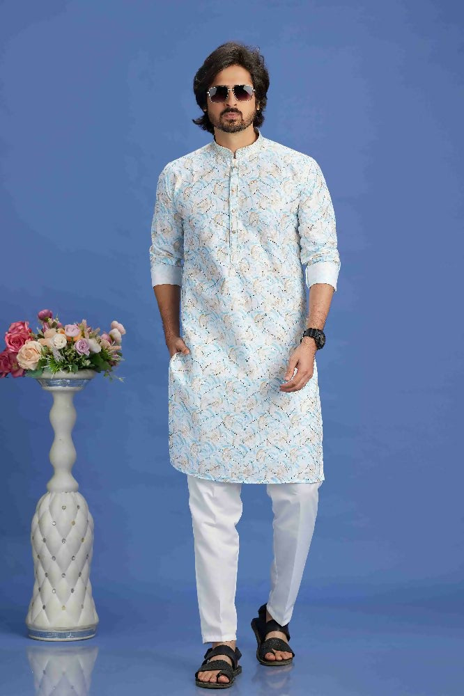 Raivat Ethnic Cotton Embroidery Kurta Pajama In Sky Blue Colour - Dista