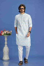 Thumbnail for Raivat Ethnic Cotton Embroidery Kurta Pajama In Sky Blue Colour - Dista