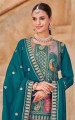 Thumbnail for Anaita Teal Vichitra Silk Readymade Suit with Embroidery & Lace Work - Distacart
