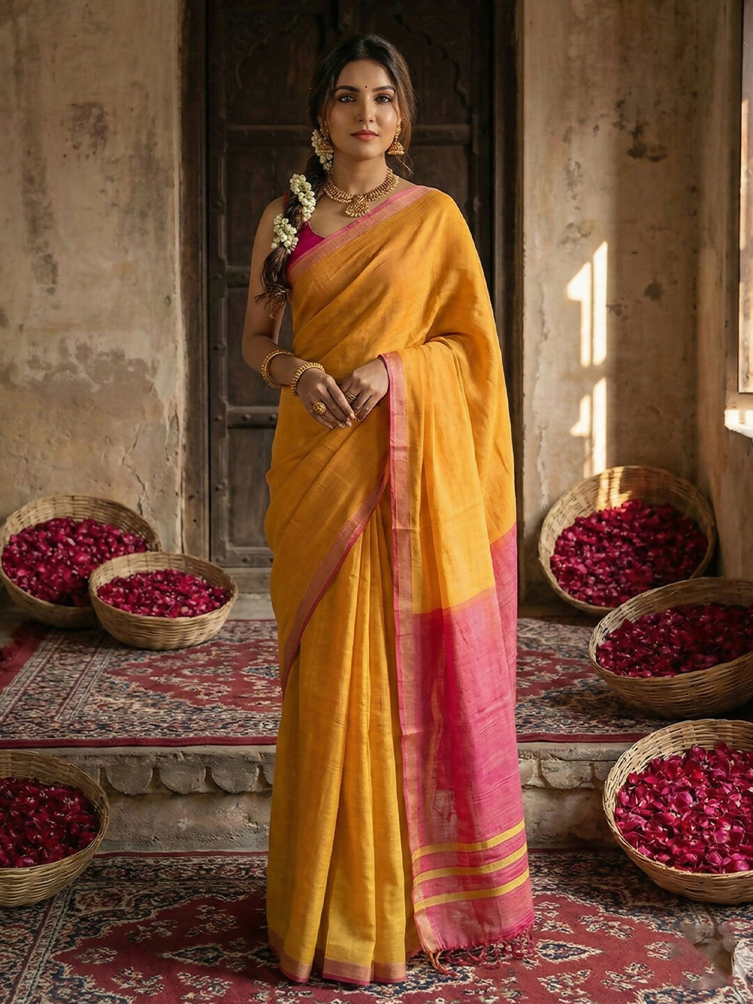 Astita Gold Cotton Saree - Distacart