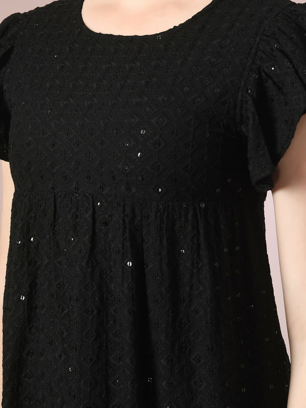 Myshka Women's Black Embroidered Cotton Round Neck A-Line Party Dress - Distacart