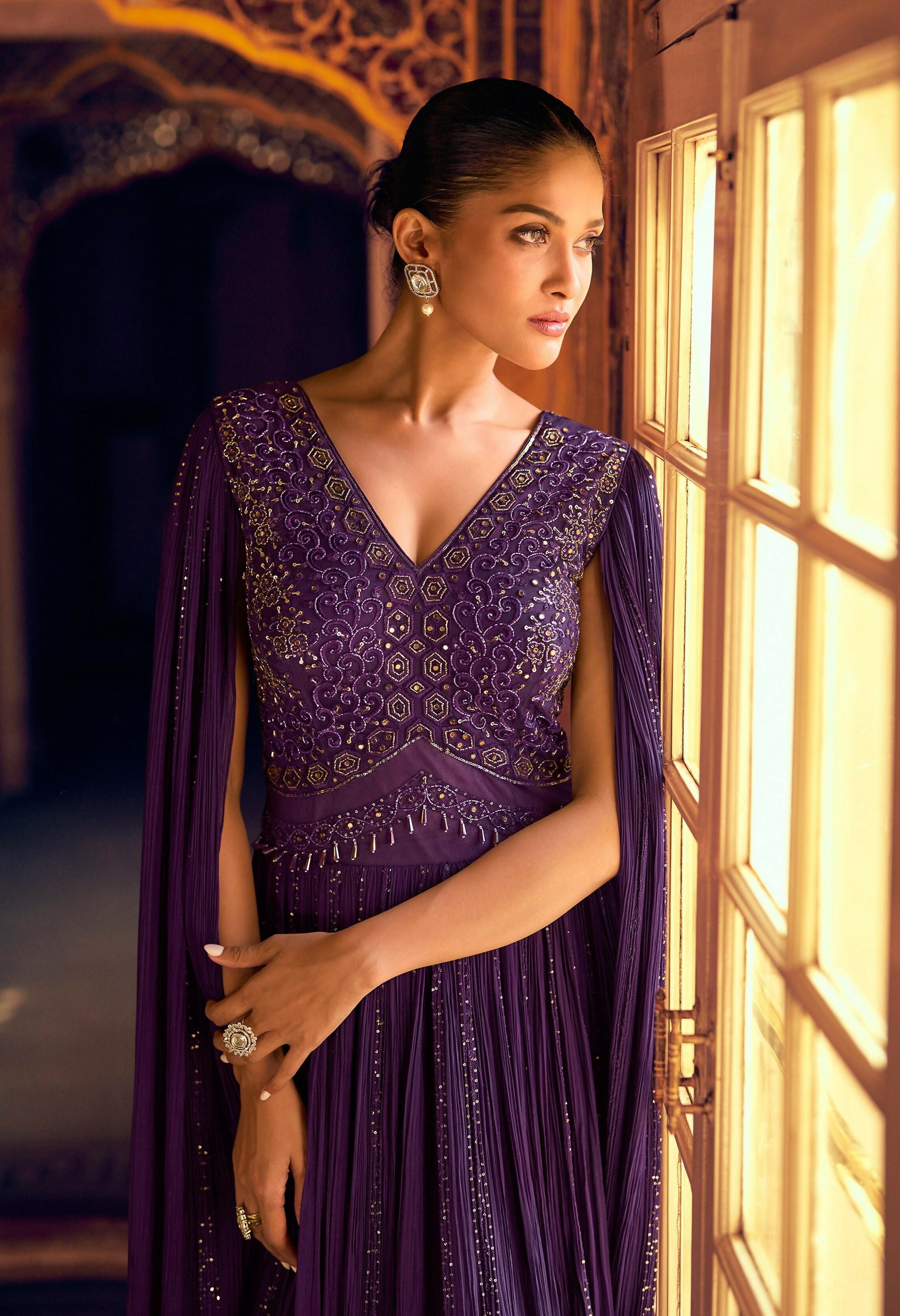 Anaita Purple Shimmer Jacquard Silk Readymade Anarkali Suit with Heavy Embroidery Work - Distacart
