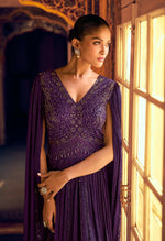 Thumbnail for Anaita Purple Shimmer Jacquard Silk Readymade Anarkali Suit with Heavy Embroidery Work - Distacart