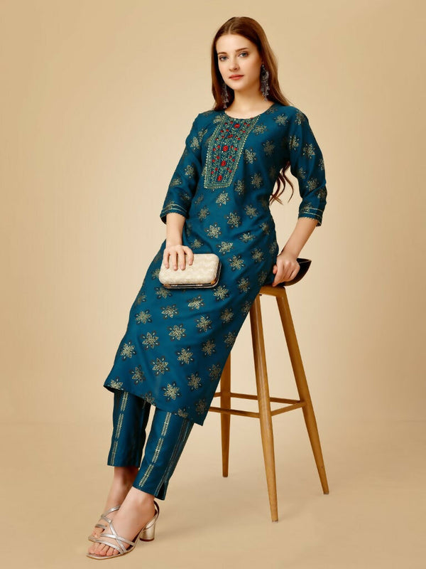 Jyoti Fashion Women's Navy Blue Viscose Rayon Embroidered Kurta Pant Set - Distacart