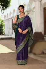 Thumbnail for Joban Fashion Purple Crepe Chiffon Pure Handloom Banarasi Silk Saree