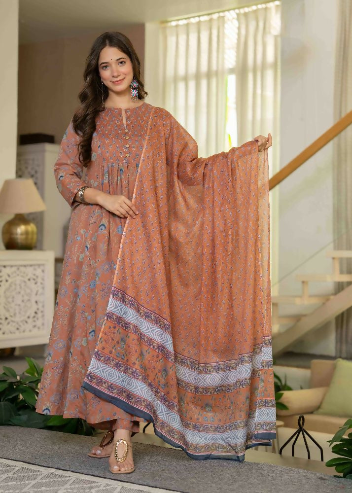 Jaimini Women Cotton Printed Round Neck 3/4 Sleeves Calf Length Flared Kurta Pant And Dupatta Set - Dista