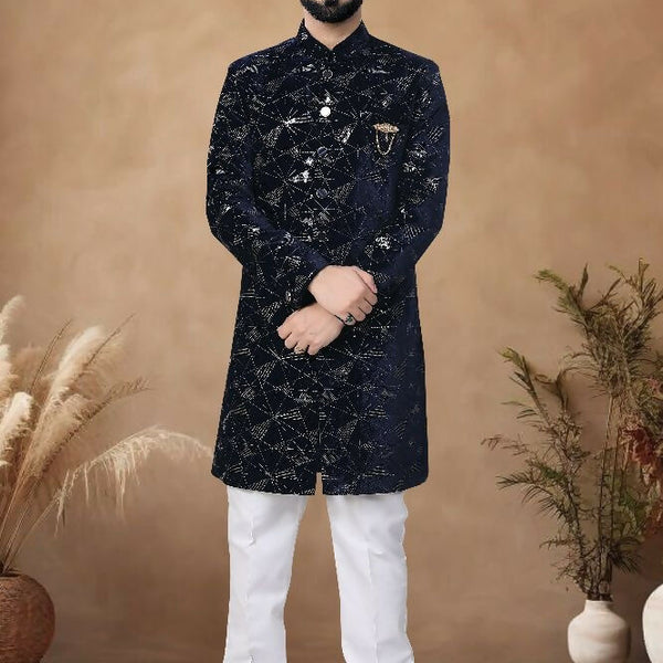 Joban Fashion Men's Blue Straight Velvet Thread & Sequence Embroidery All Over Indo-Western Kurta Set - Distacart