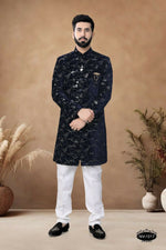 Thumbnail for Joban Fashion Men's Blue Straight Velvet Thread & Sequence Embroidery All Over Indo-Western Kurta Set - Distacart