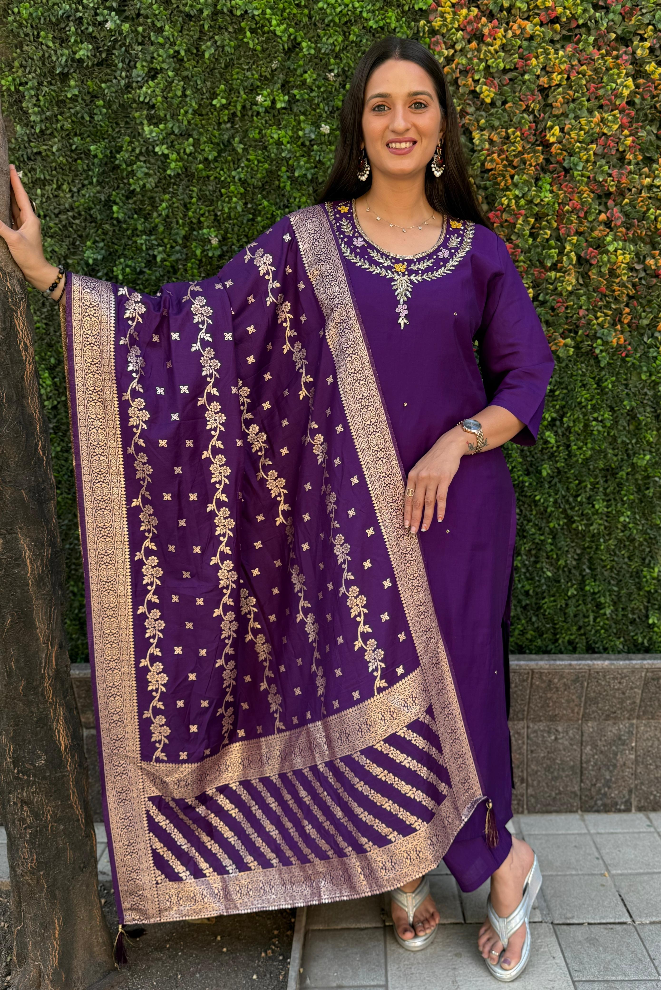 Vedant Vastram Kurta Pant Set With Dupatta Having Beautiful Handwork - Purple - Distacart