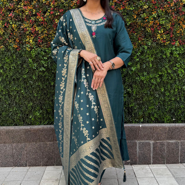Vedant Vastram Kurta Pant Set With Dupatta Having Beautiful Handwork - Rama-Green - Distacart