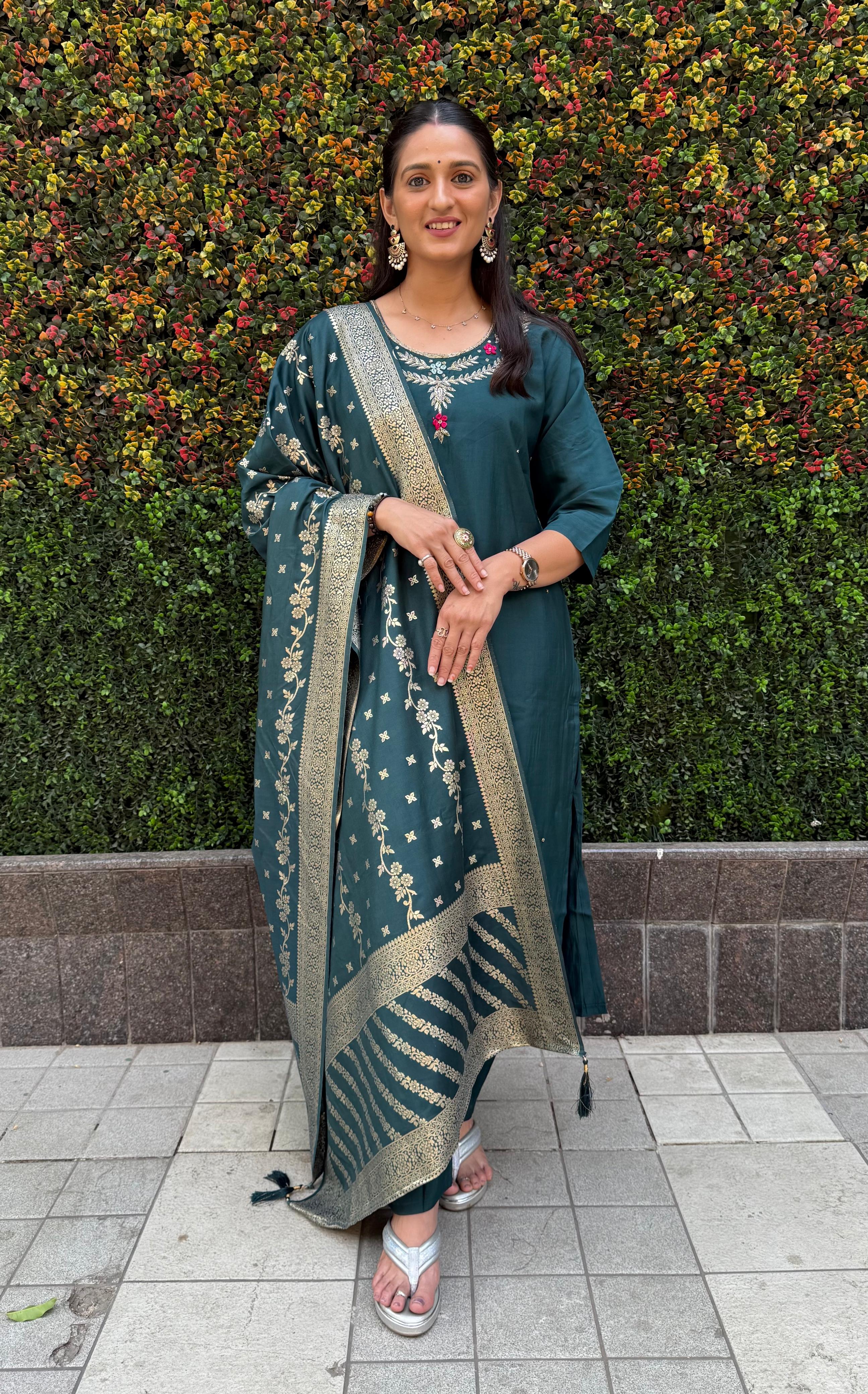 Vedant Vastram Kurta Pant Set With Dupatta Having Beautiful Handwork - Rama-Green - Distacart