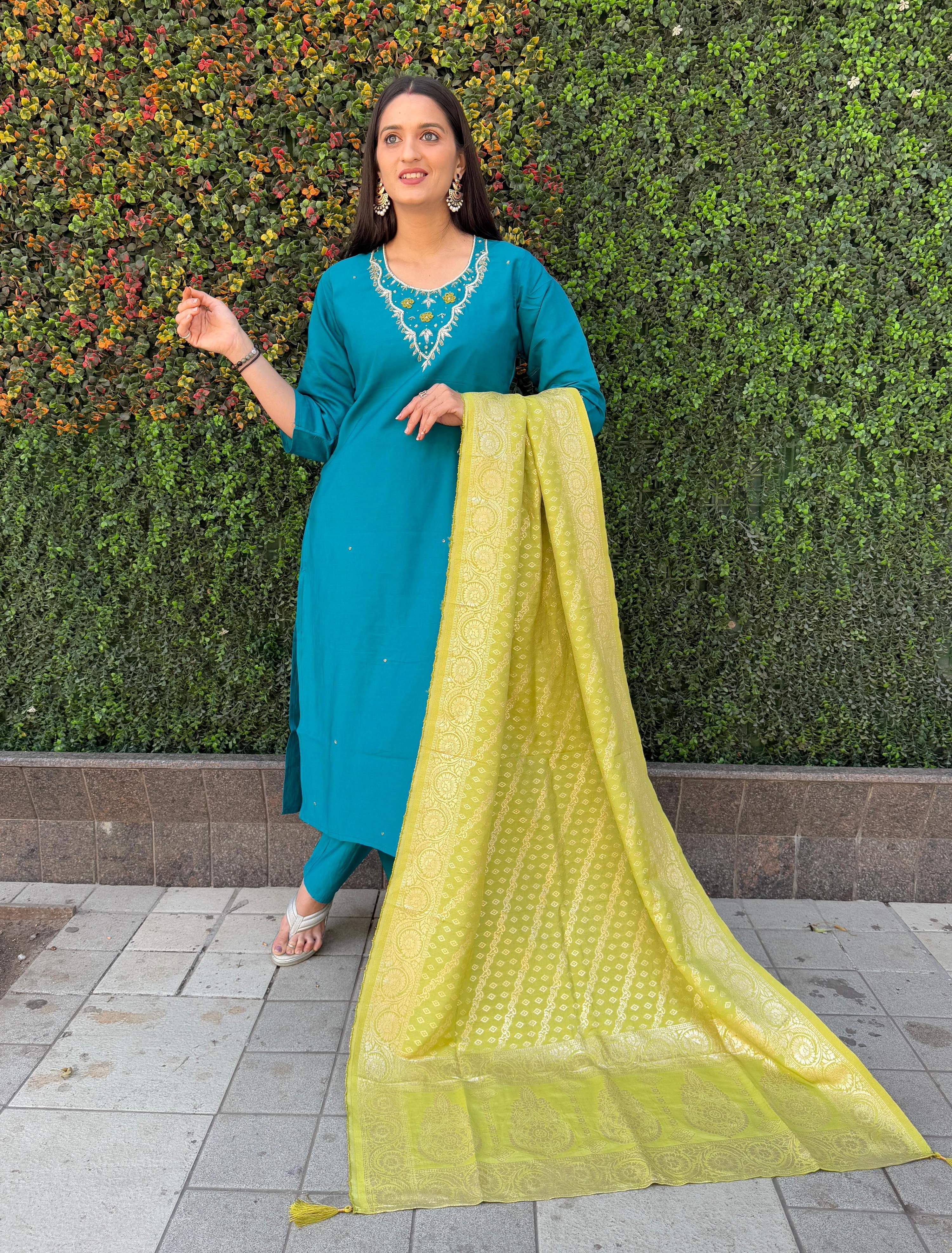 Vedant Vastram Kurta Pant Set With Dupatta Having Beautiful Handwork - Rama - Distacart