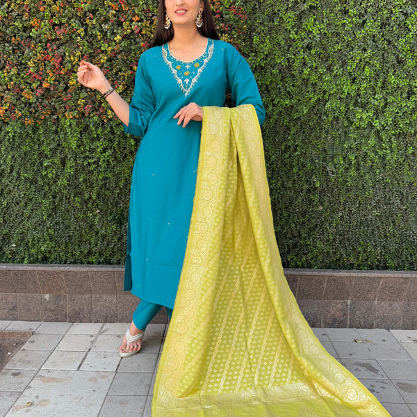 Vedant Vastram Kurta Pant Set With Dupatta Having Beautiful Handwork - Rama - Distacart