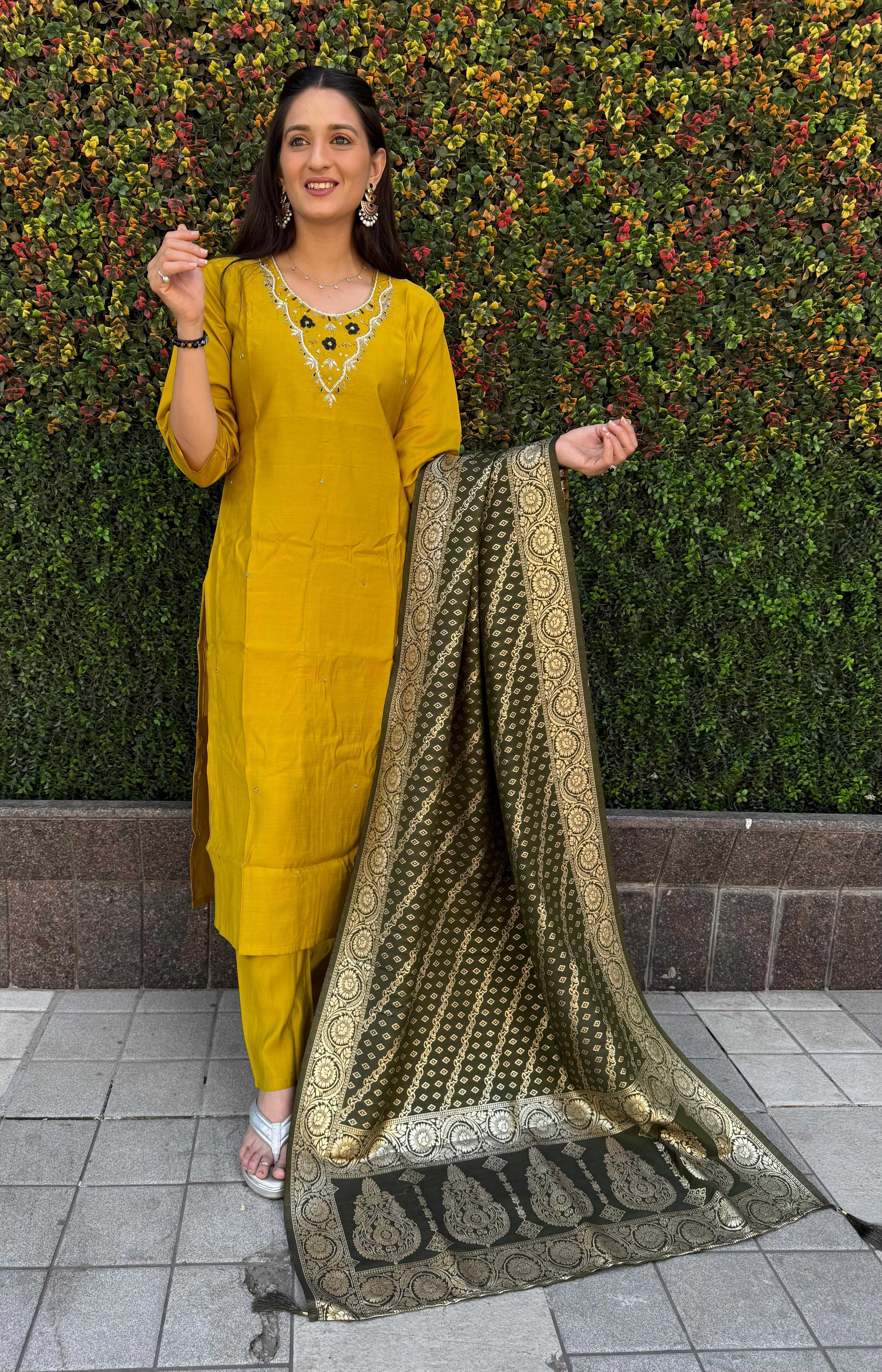 Vedant Vastram Kurta Pant Set With Dupatta Having Beautiful Handwork - Yellow - Distacart