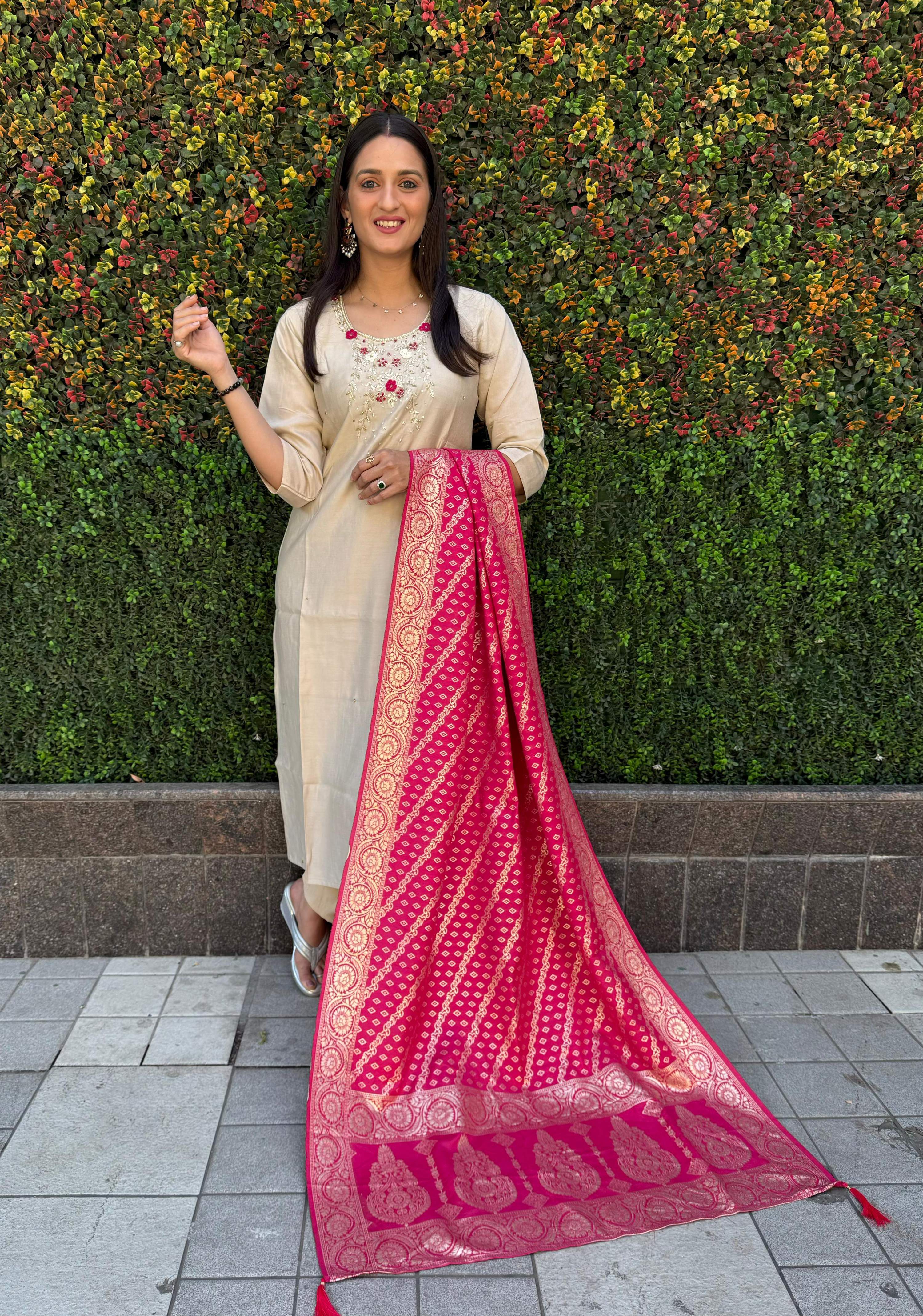 Vedant Vastram Kurta Pant Set With Dupatta Having Beautiful Handwork - Cream - Distacart