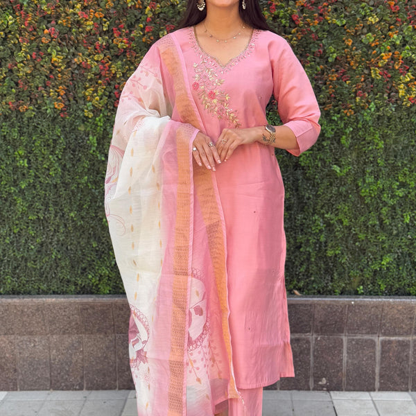 Vedant Vastram Kurta Pant Set With Dupatta Having Beautiful Handwork - Peach - Distacart