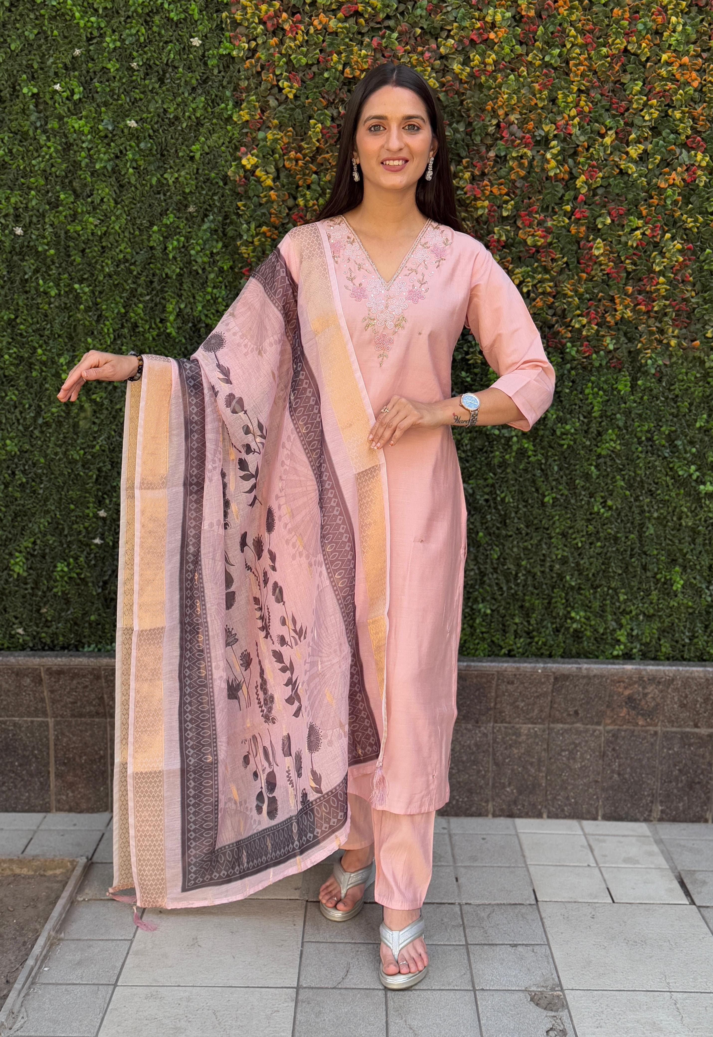 Vedant Vastram Kurta Pant Set With Dupatta Having Beautiful Handwork - Peach - Distacart