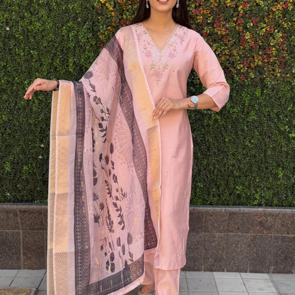 Vedant Vastram Kurta Pant Set With Dupatta Having Beautiful Handwork - Peach - Distacart