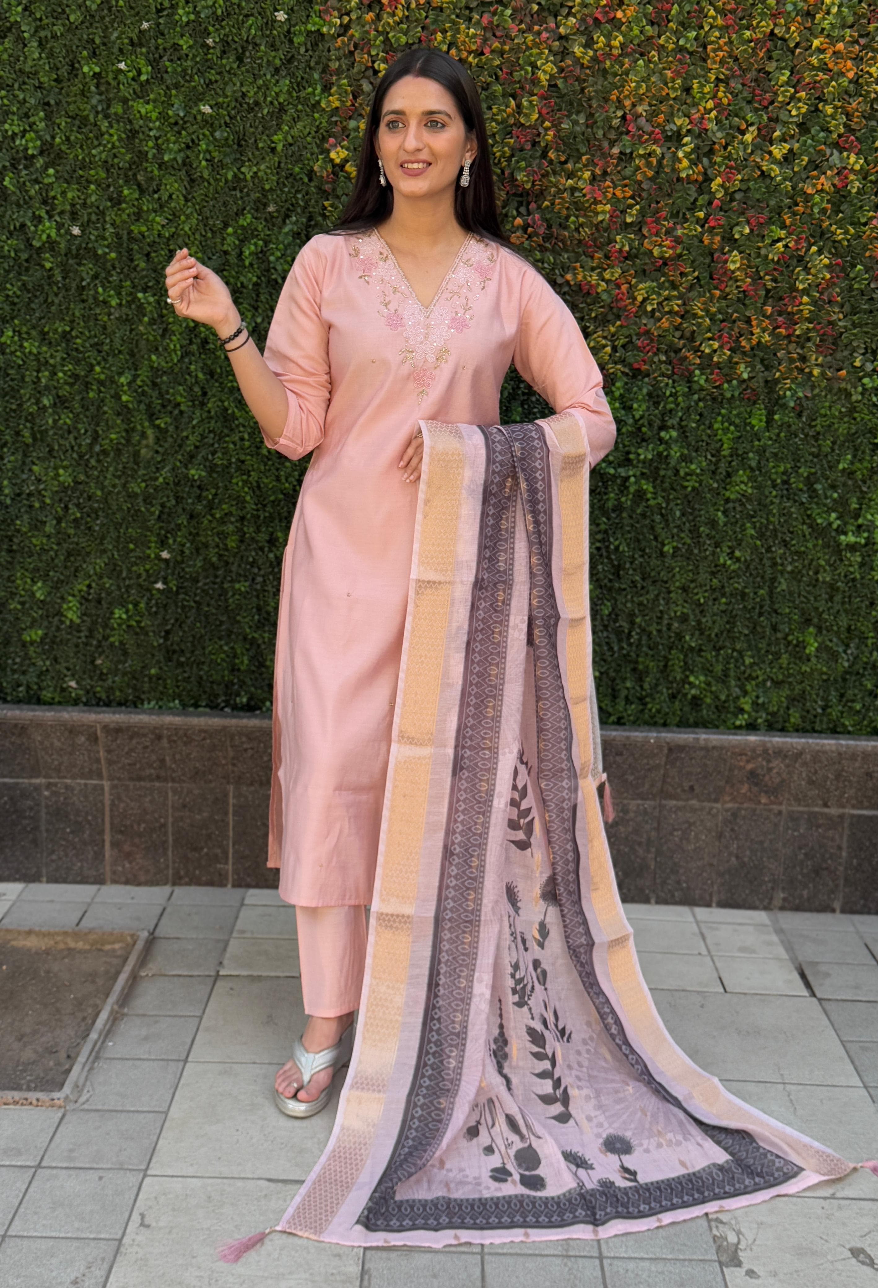 Vedant Vastram Kurta Pant Set With Dupatta Having Beautiful Handwork - Peach - Distacart