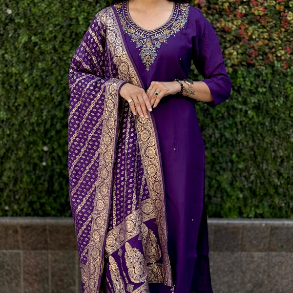 Vedant Vastram Kurta Pant Set With Dupatta Having Beautiful Handwork - Violet - Distacart