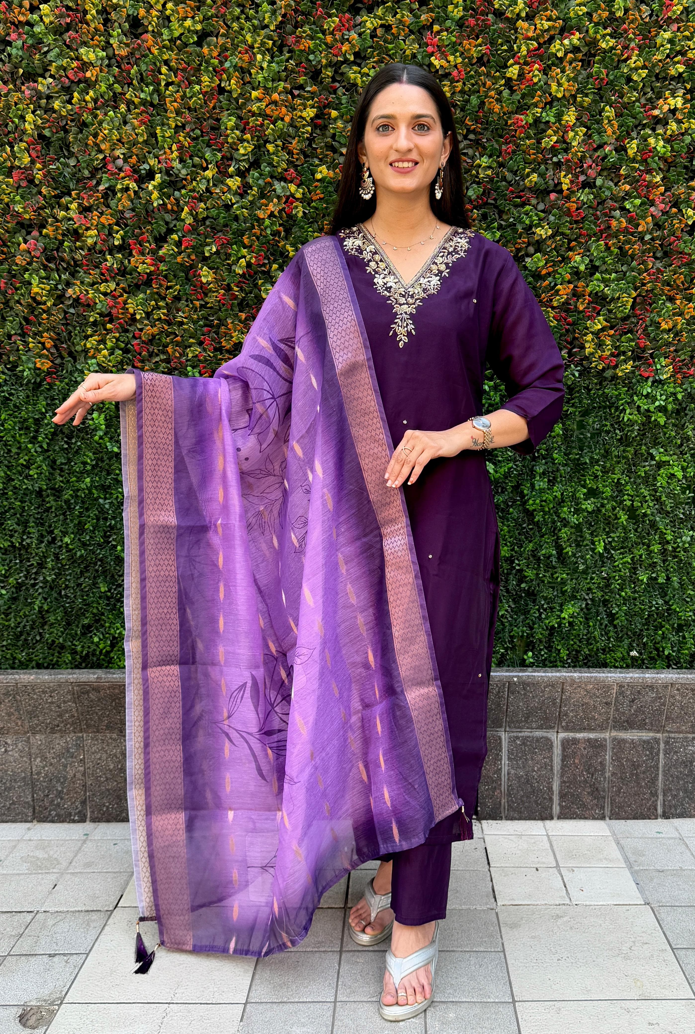 Vedant Vastram Kurta Pant Set With Dupatta Having Beautiful Handwork - Violet - Distacart