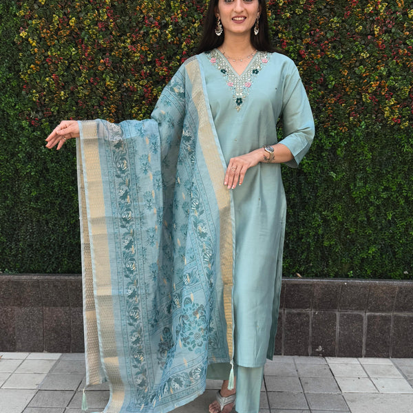 Vedant Vastram Kurta Pant Set With Dupatta Having Beautiful Handwork - See Green - Distacart