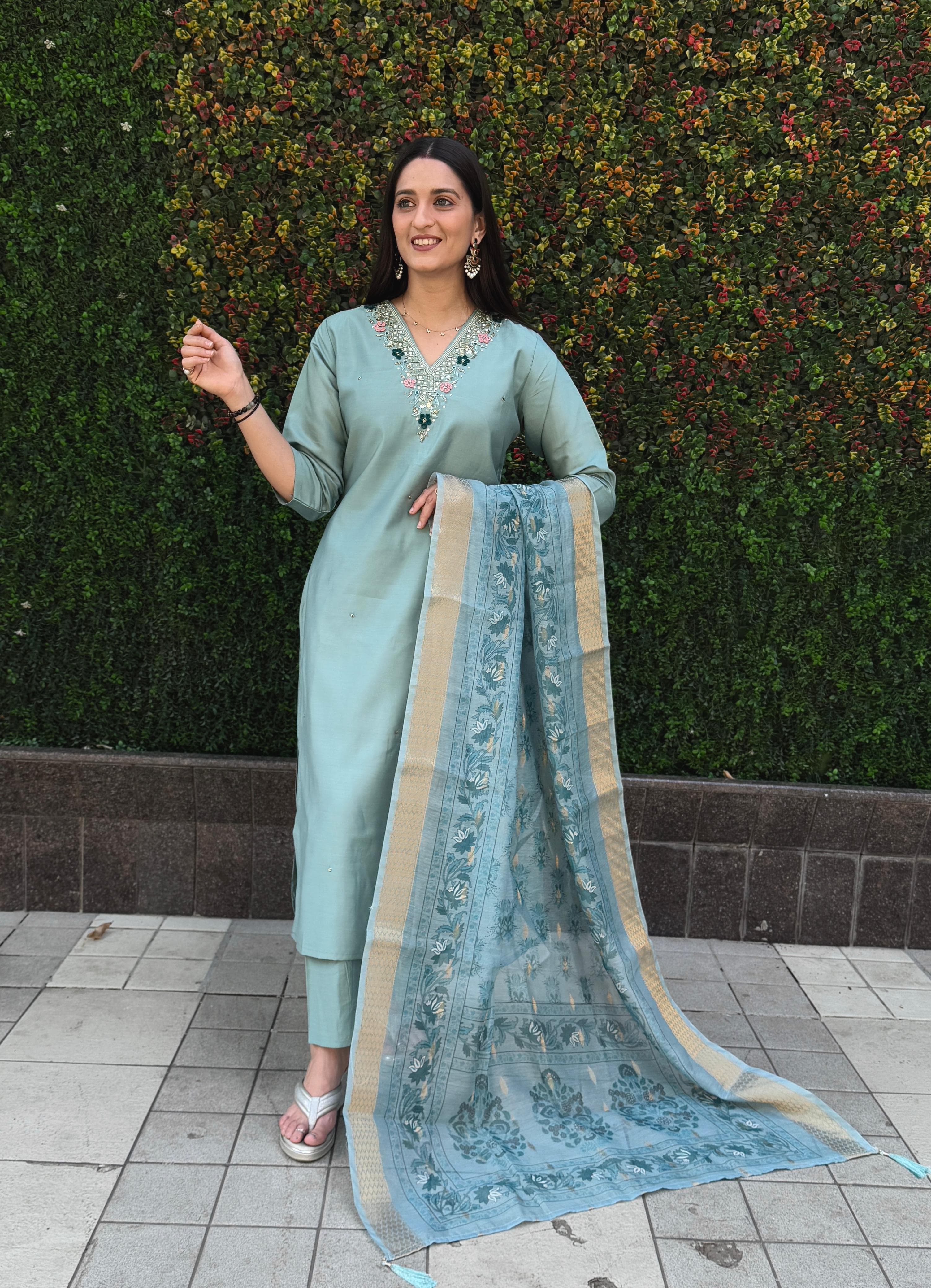 Vedant Vastram Kurta Pant Set With Dupatta Having Beautiful Handwork - See Green - Distacart