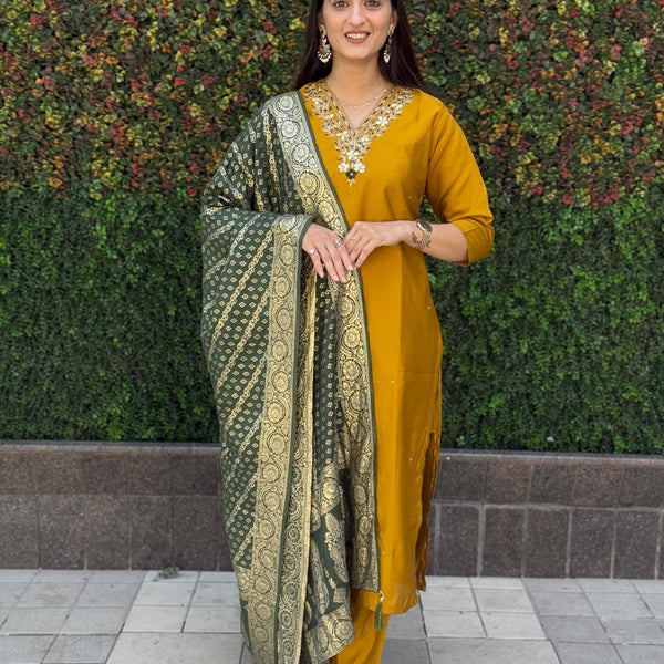 Vedant Vastram Kurta Pant Set With Dupatta Having Beautiful Handwork - Yellow - Distacart