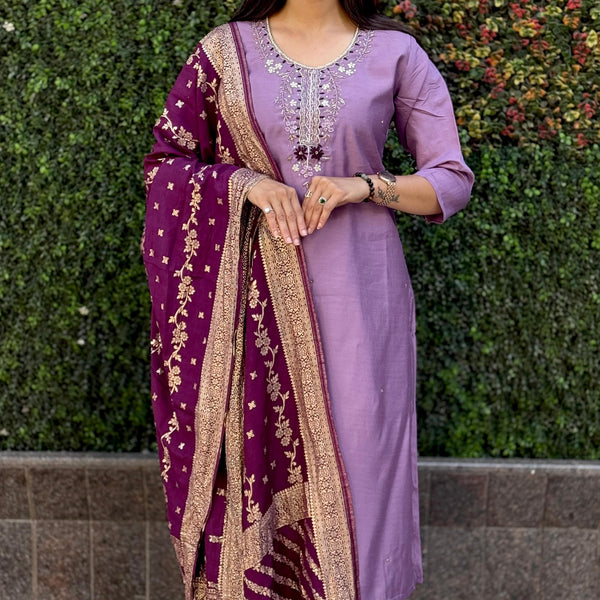 Vedant Vastram Kurta Pant Set With Dupatta Having Beautiful Handwork - Lavender - Distacart
