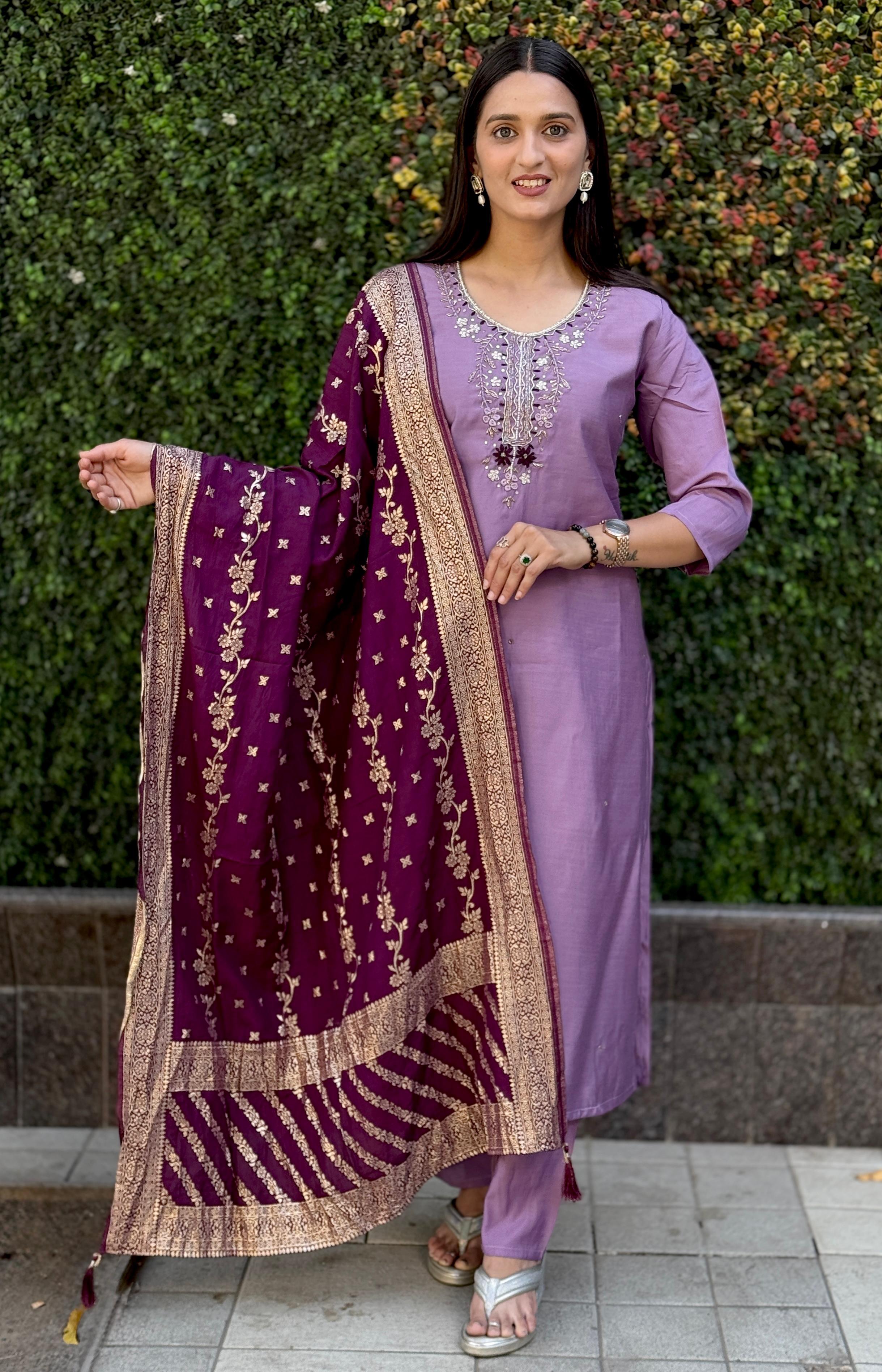 Vedant Vastram Kurta Pant Set With Dupatta Having Beautiful Handwork - Lavender - Distacart