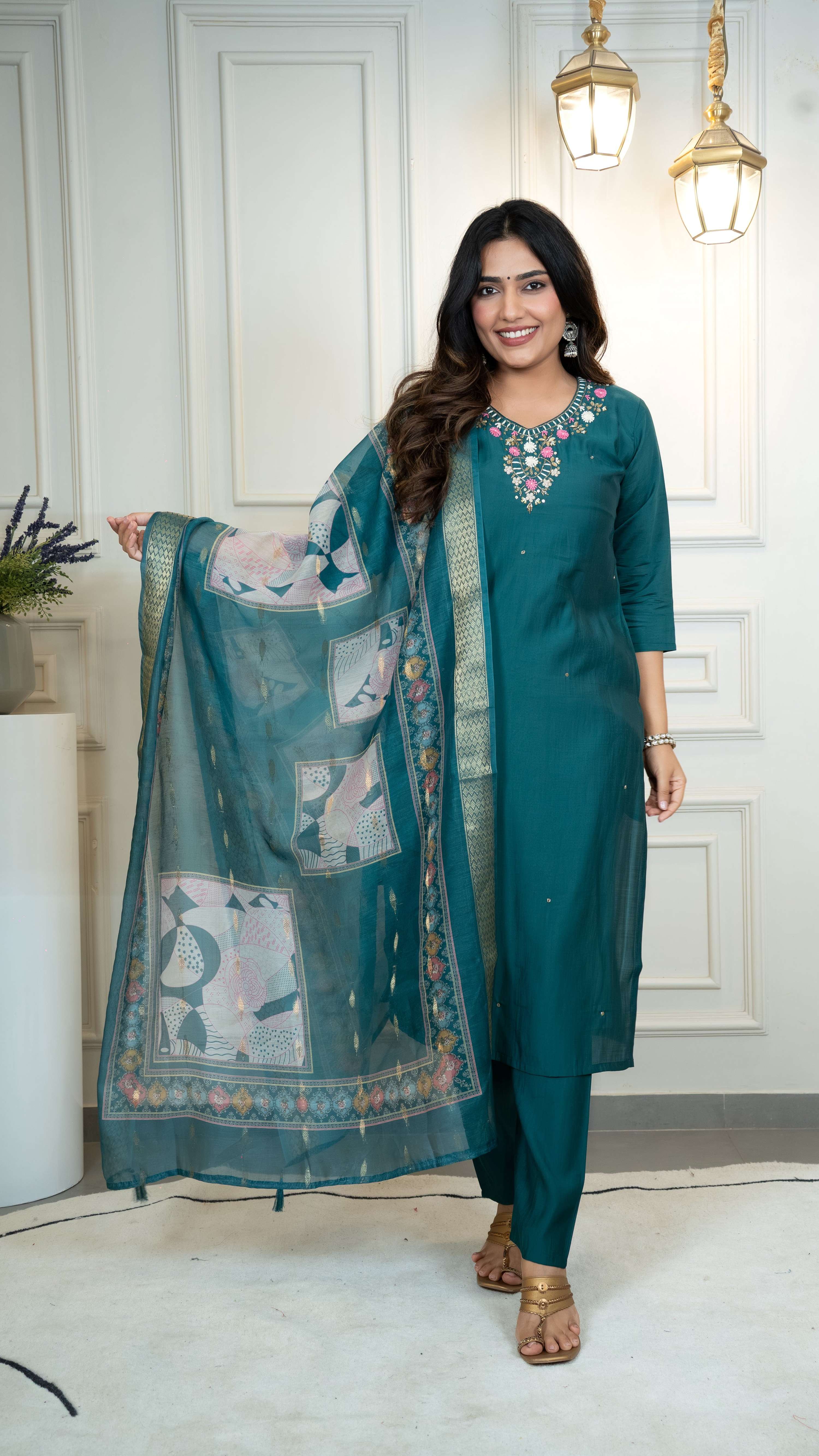 Vedant Vastram Roman Silk Hand Work & Embroidery Work Stitched Kurta Pant Dupatta Set-Rama