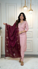 Thumbnail for Vedant Vastram Roman Silk Hand Work & Embroidery Work Stitched Kurta Pant Dupatta Set-Peach - Distacart