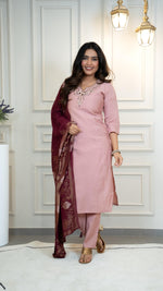 Thumbnail for Vedant Vastram Roman Silk Hand Work & Embroidery Work Stitched Kurta Pant Dupatta Set-Peach - Distacart